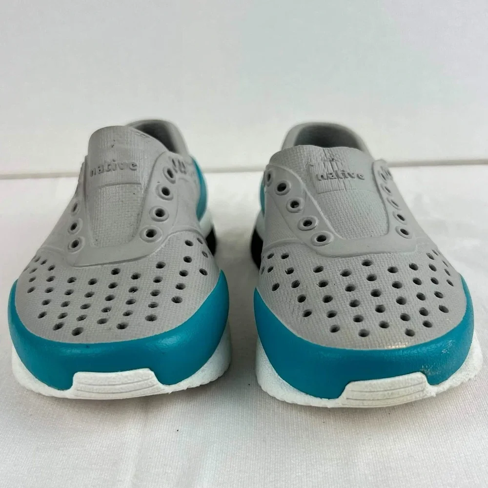 EUC Native Shoes Kids Grey Teal Slip On Water Sneakers Summer C7